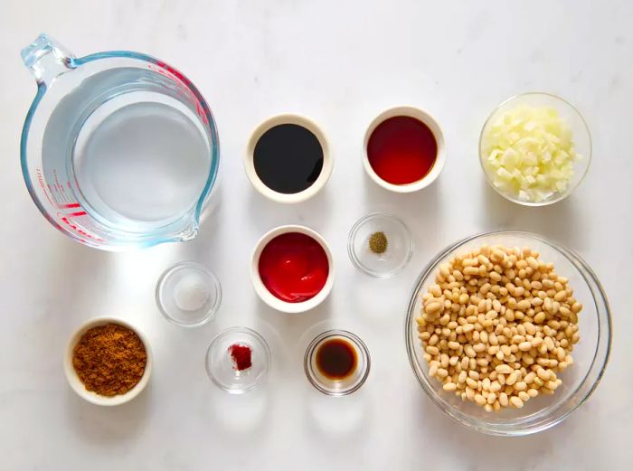 Ingredients for the baked beans recipe arranged and ready.