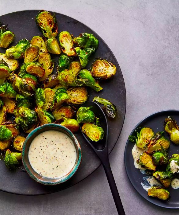 Air Fryer Roasted Brussels Sprouts with Maple-Mustard Mayo