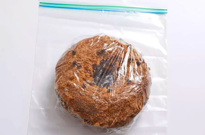 Mini Bundt cake wrapped in plastic for freezing