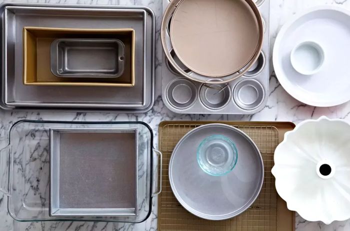 A selection of baking pans in various sizes and shapes