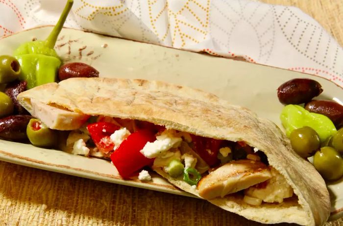 Mediterranean Chicken Pitas wrapped in soft whole-wheat pita bread