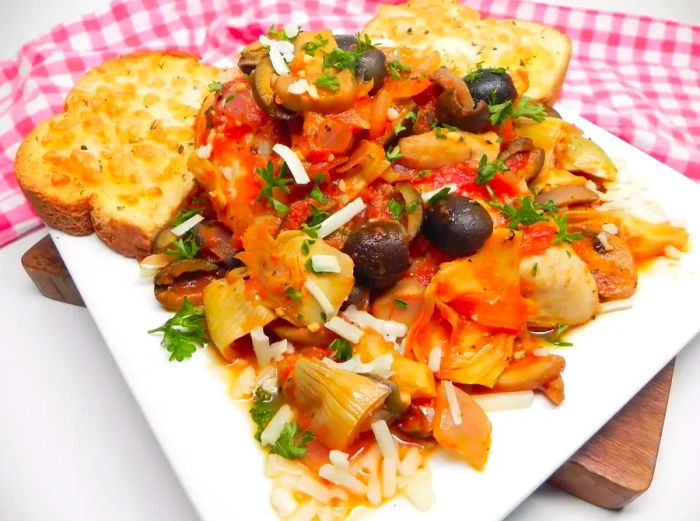 A top-down view of One-Pot Mediterranean Chicken served with toast