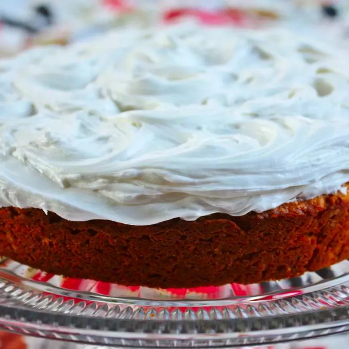 Two-Ingredient Pumpkin Cake served on a glass dish