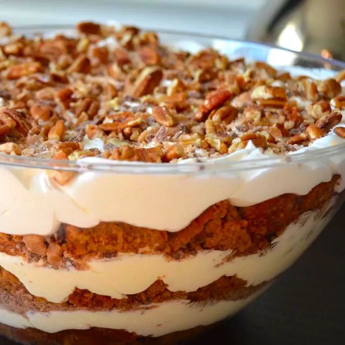 Pumpkin Cream Trifle served in a clear glass bowl