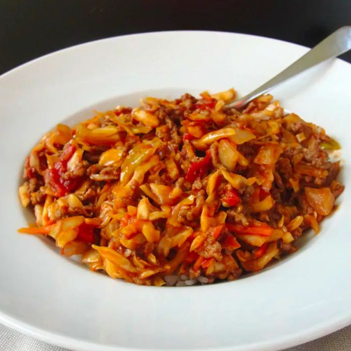 Spicy Unstuffed Cabbage served in a white dish