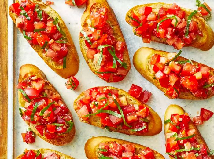 An overhead view of balsamic bruschetta topped with fresh basil, arranged on a baking sheet.