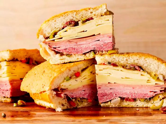 A medium-angle shot of a Real N'awlins Muffuletta sandwich