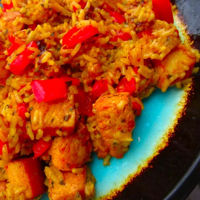 Chicken, rice, and red peppers