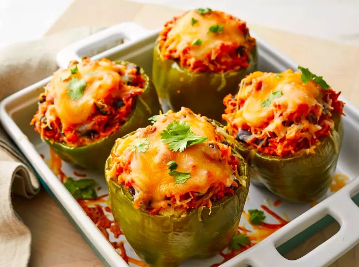 A high-angle shot of a casserole dish with four vegetarian Mexican-inspired stuffed peppers, garnished with melted cheese and fresh herbs. 