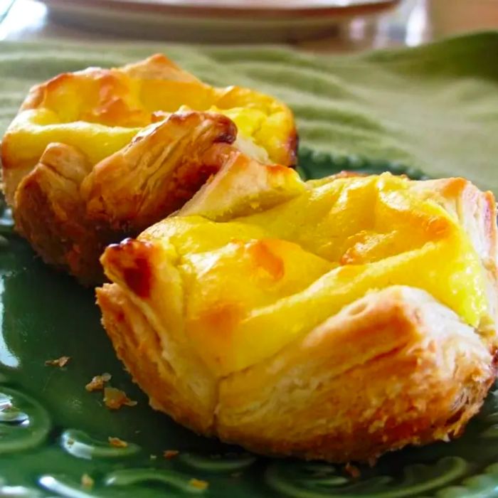 Two Portuguese egg tarts served on a plate