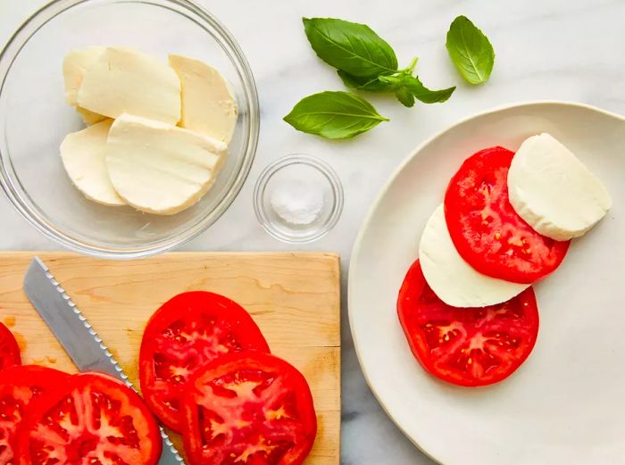 Aerial view of the ingredients for the Tomato Mozzarella Salad recipe