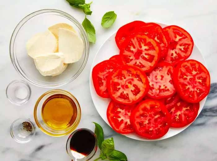 Bird's-eye view of the ingredients for the Tomato Mozzarella Salad recipe