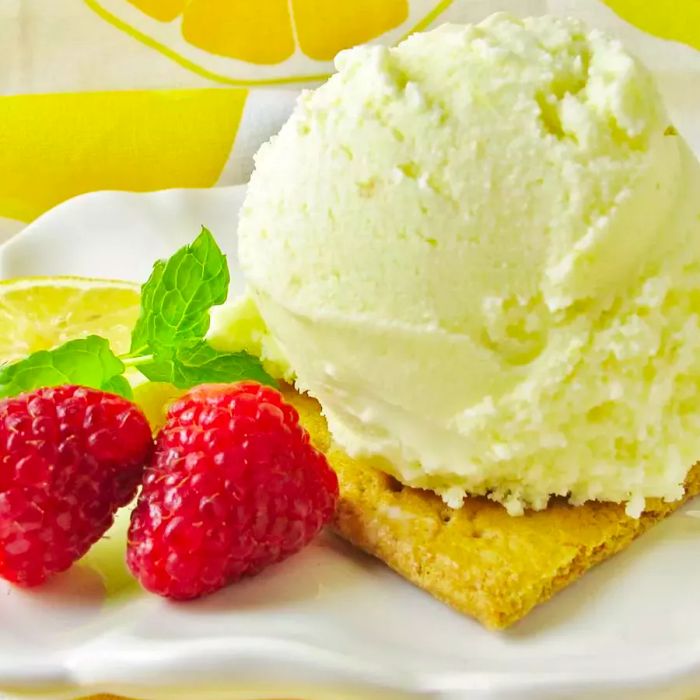 A high-angle view of a scoop of super lemon ice cream