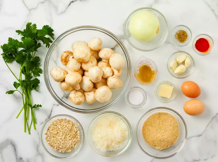 Aerial view of ingredients assembled for making meatless meatballs.