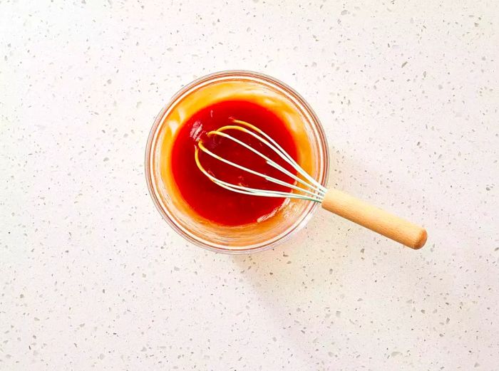 Whisking the ketchup mixture in a glass bowl