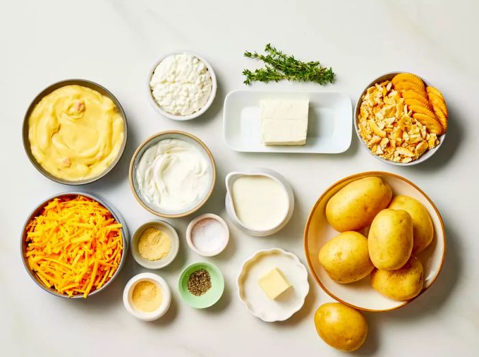 Ingredients for Million Dollar Potato Casserole arranged on a kitchen counter