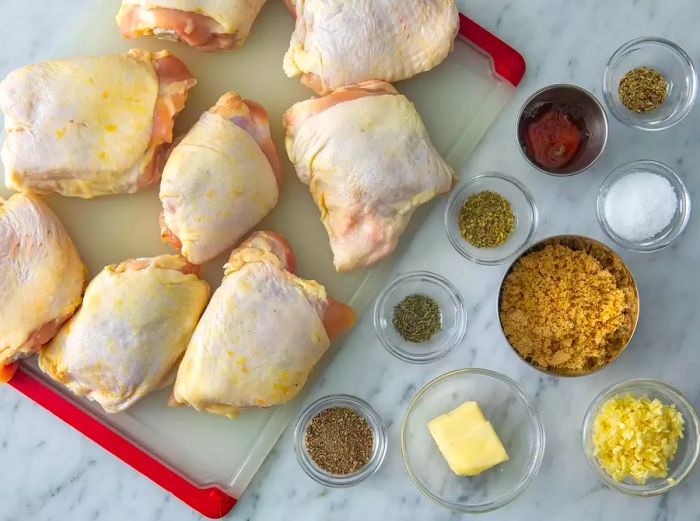 All the ingredients are now ready to make the garlic-brown sugar chicken thighs.