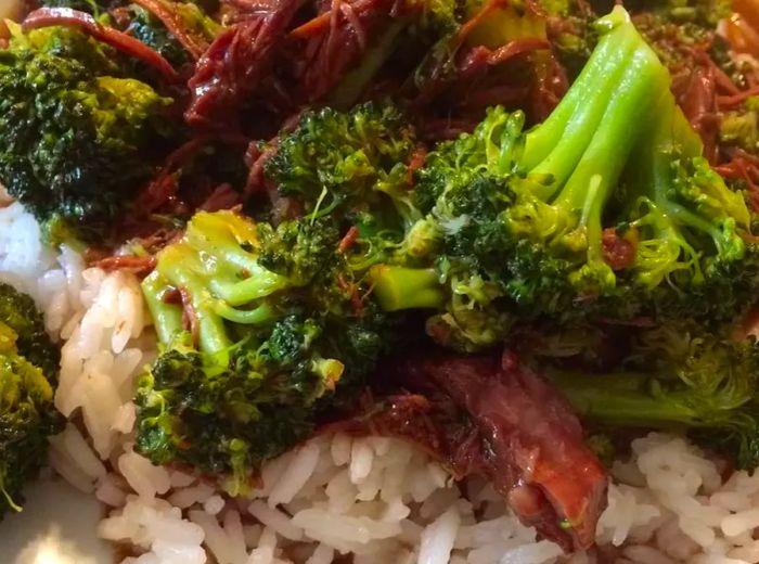 Close-up view of slow-cooked beef and broccoli.