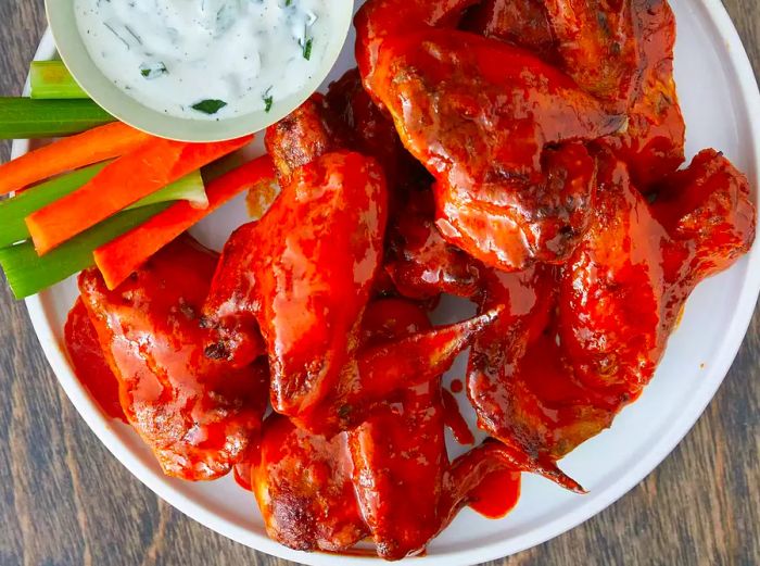 A top-down view of a plate of slow cooker buffalo wings served with a side of dipping sauce