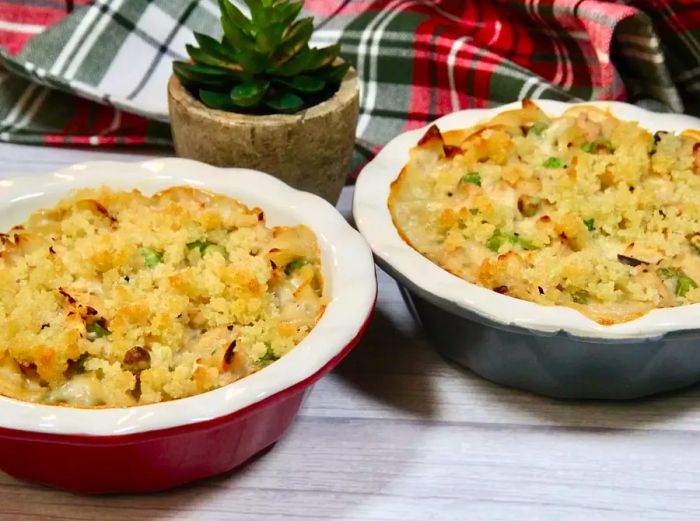 Tuna noodle casserole served in two separate dishes