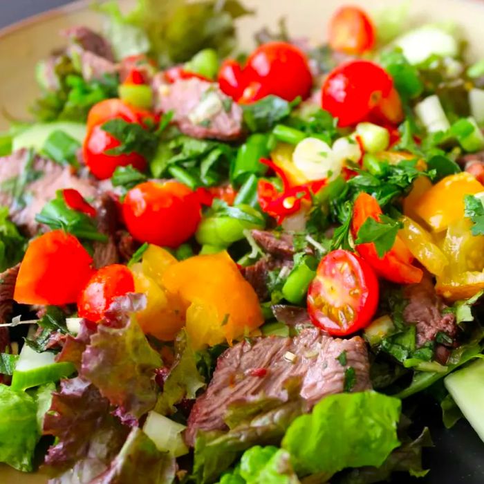 Close-up of Thai Beef Salad in a large serving bowl