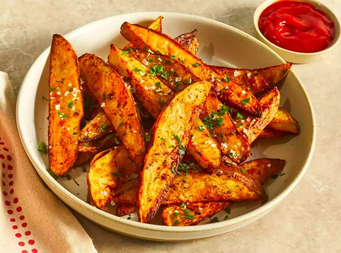 A low-angle shot of a plate filled with golden-brown air-fried potato wedges, sprinkled with chopped parsley and flaky sea salt, served alongside ketchup.