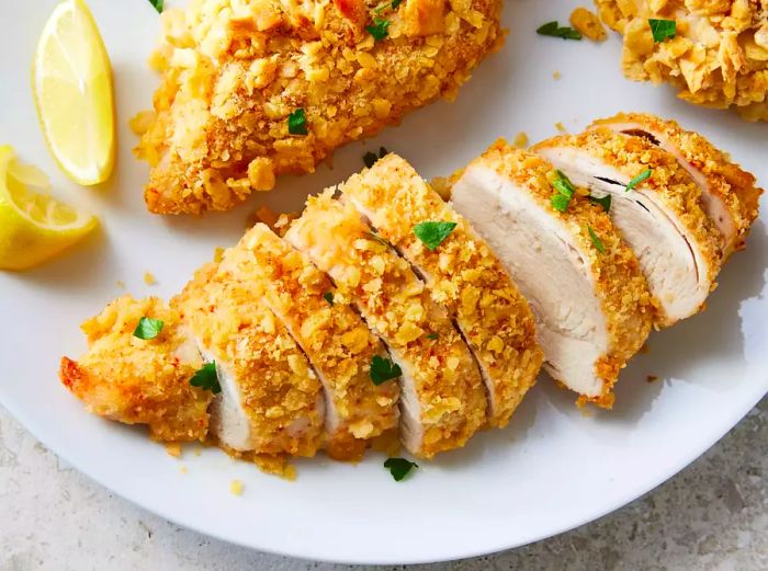 Close-up shot of a plate with slices of crispy baked chicken.