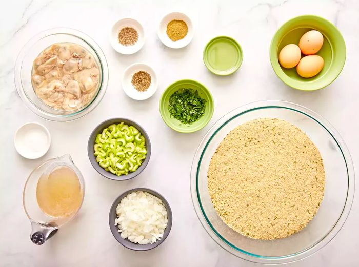 A bird's-eye view of the measured ingredients ready to make oyster stuffing.