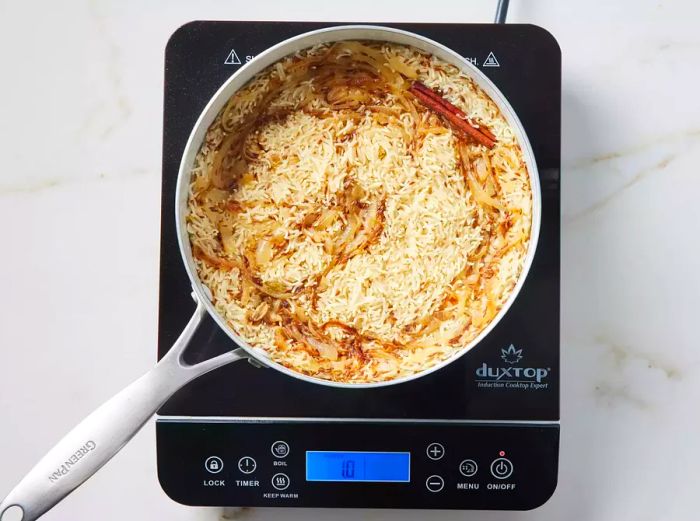 A pot of perfectly cooked Indian-style basmati rice