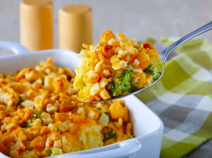 A close-up of a spoonful of broccoli cauliflower casserole being lifted from the dish