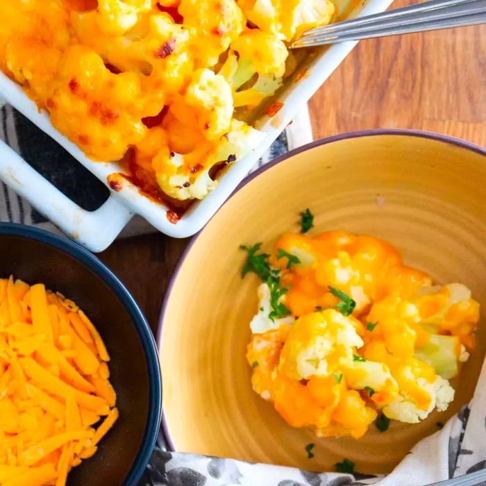 Close-up of the Easy Cauliflower Keto Casserole in both a baking dish and a bowl, with cheese in a separate bowl.