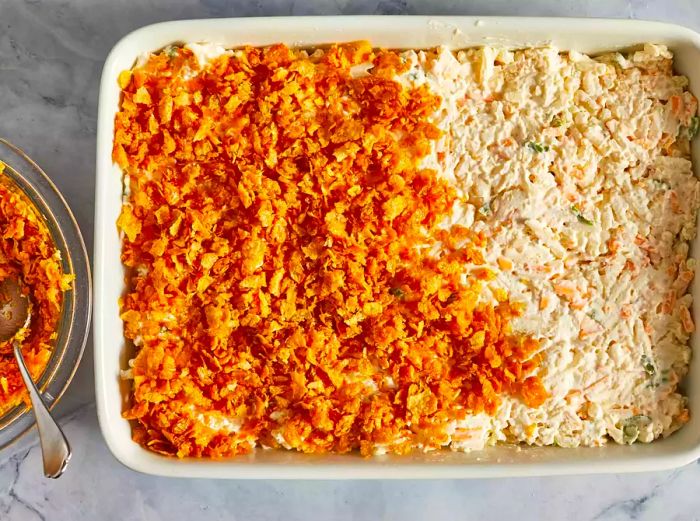 An overhead view of the potato casserole topped with cornflakes.