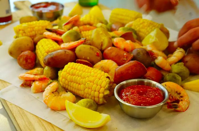 A vibrant shrimp boil featuring shrimp, sausages, potatoes, corn, lemons, and brussels sprouts.