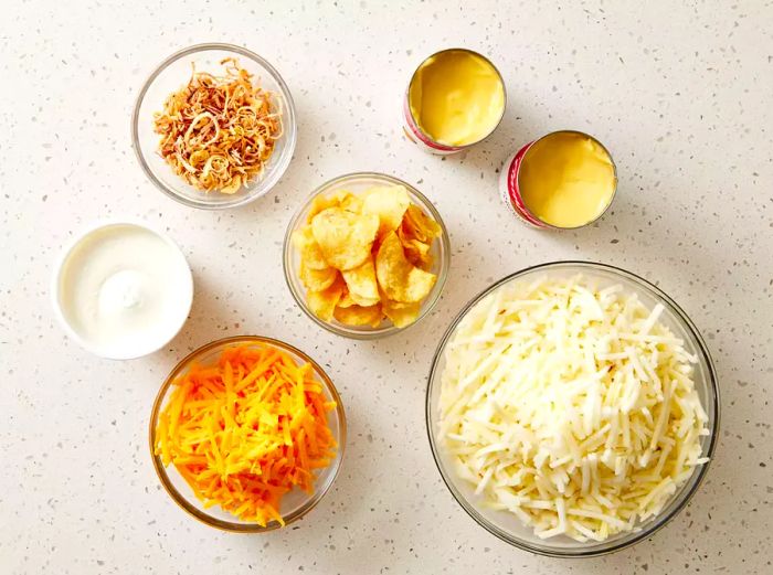 Ingredients for making classic funeral potatoes