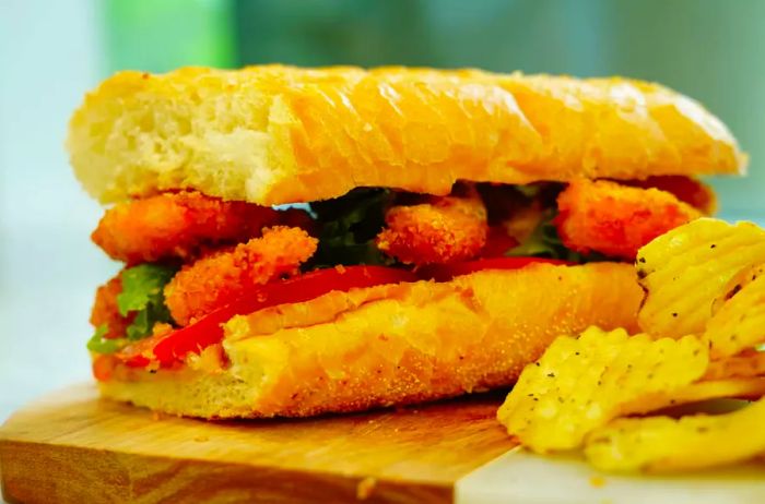 A side view of a delicious shrimp po' boy sandwich, packed with crispy fried shrimp, fresh tomatoes, and lettuce on a French roll.