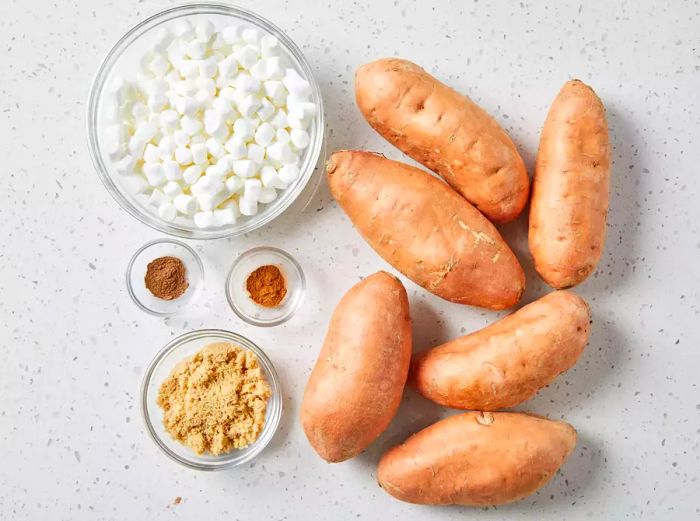 All the ingredients are prepared and ready to make mashed sweet potatoes with marshmallows.