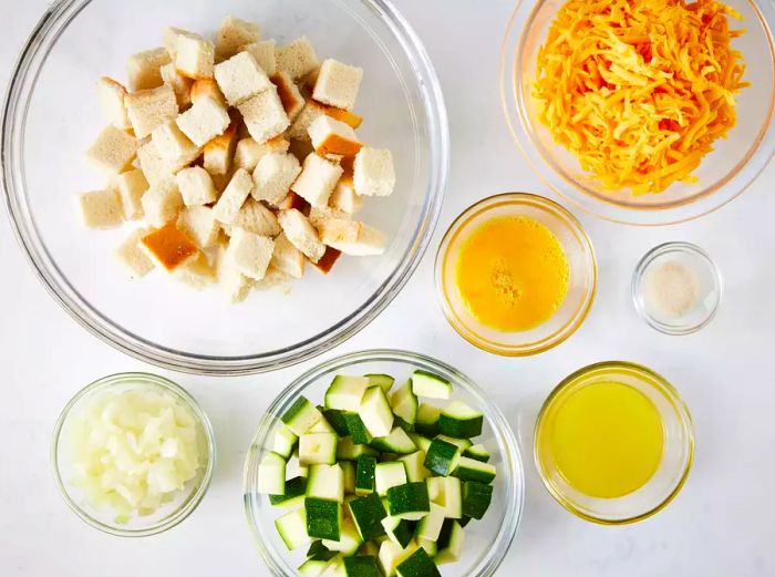 A bird's eye view of the ingredients for Cheesy Zucchini Bake