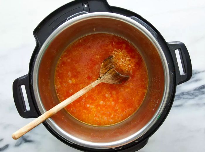 All ingredients combined and mixed together in the pot.