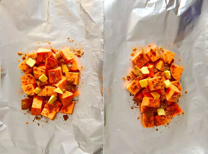 Sweet potatoes topped with butter and spices, ready on the foil.