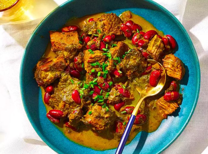 Close-up view of a plate of ghormeh sabzi.