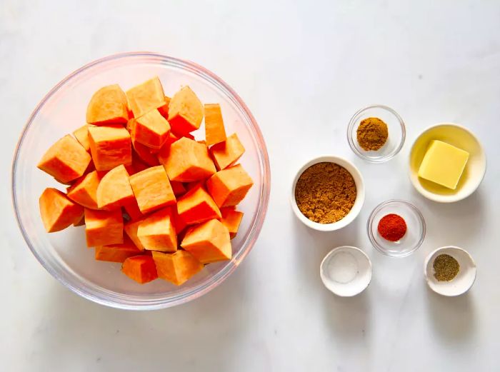 Seasoned chopped sweet potatoes.