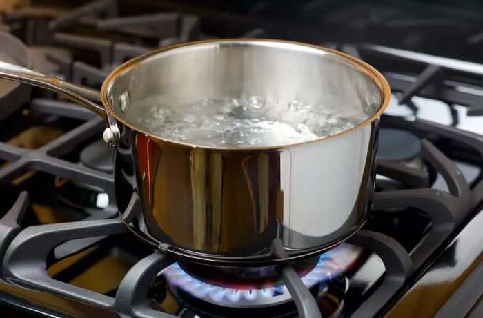 Boiling Water on a Gas Stove in a Stainless Steel Pot