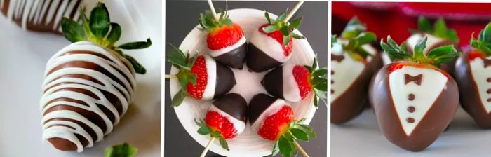 Chocolate-covered strawberries decorated with a white chocolate drizzle and dipped twice in both dark and white chocolate.