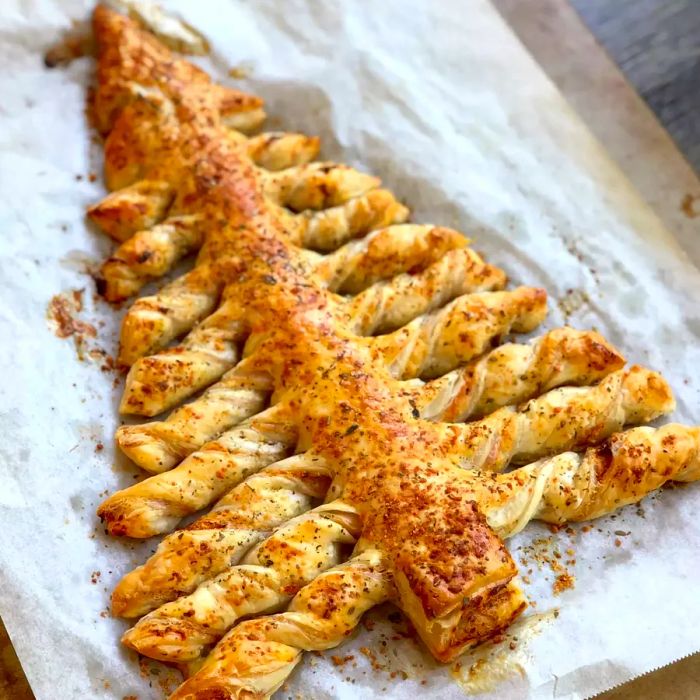 puff pastry shaped into a festive Christmas tree