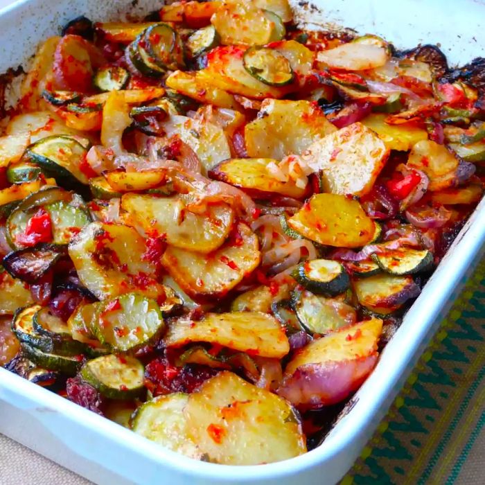 Briam is a Mediterranean dish of slow-baked vegetables, cooked in olive oil, and often served as a main course in the Mediterranean diet.