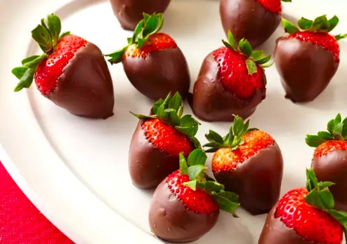 A plate of chocolate-dipped strawberries