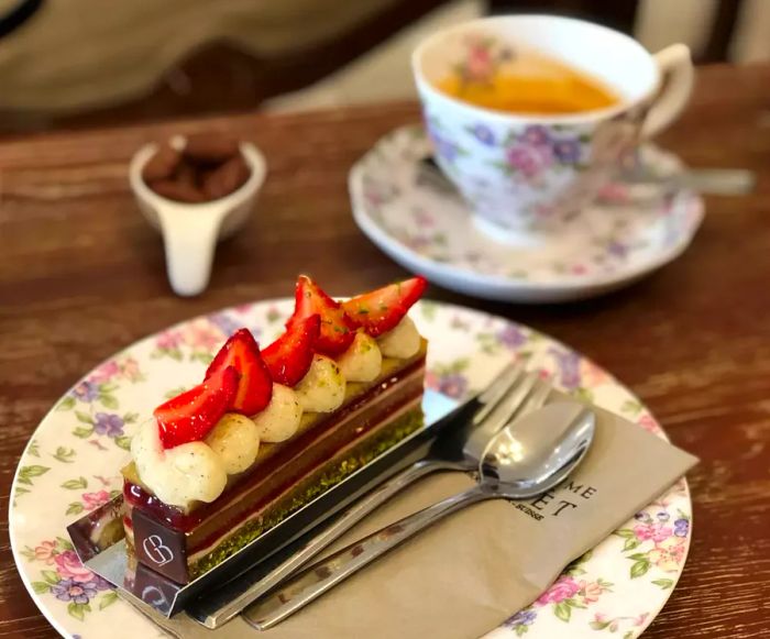 Enjoying coffee and cake at a cafe in Switzerland