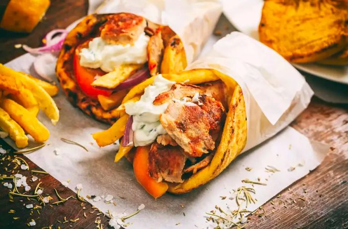 Greek gyros wrapped in warm pita bread, placed on a wooden surface.