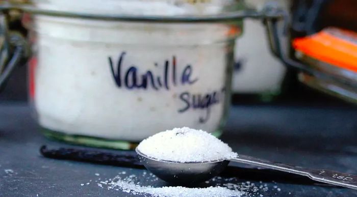 Homemade vanilla sugar on a spoon