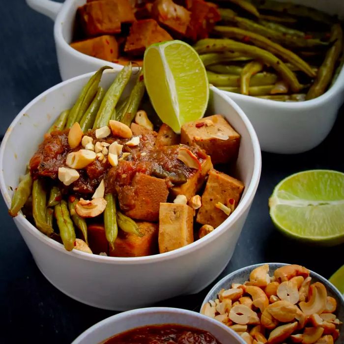 Baked Tofu and Green Beans with Spicy Rhubarb Sauce